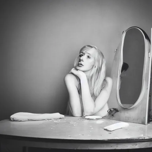 Prompt: a beautiful woman sitting at a vanity in front of a cracked mirror, beautiful face, fashion photography, elegant furniture, cracked mirror, cracks