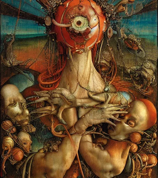 Image similar to an oil painting by botticelli, by arcimboldo, by yoshitaka amano, by beksinski, by giger, by hieronymus bosch, by albrecht durer, by gustave moreau seen through a kaleidoscope, detailed, high resolution, scratches,