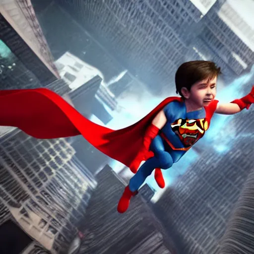 Prompt: a flying superhero rescuing a falling child. photorealistic. realism. 4 k wideshot. cinematic. unreal engine. artgerm.