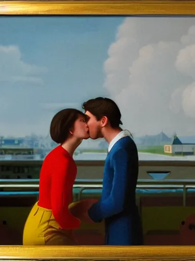 Image similar to a guy and a girl kissing, artwork by wes anderson, cinematic light, atmospheric effects, oil on canvas