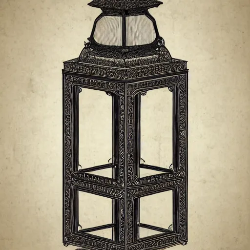 Image similar to very technical and detailed blueprint of a lantern, Center Frame, intricate details, ultra-detailed, baroque style, illustration, desaturated, concept art