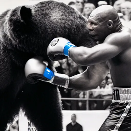 Image similar to “Mike Tyson fighting a bear, 4k photograph, award winning”