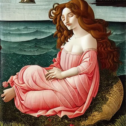 Image similar to an ultradetailed mythological oil painting of a beautiful woman with long brown hair, full body, wearing pink floral gown, lying asleep inside a giant scallop shell, near the seashore, intricate lines, elegant, renaissance style, by sandro botticelli