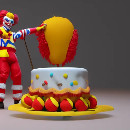 Prompt: Ronald Mcdonald with a birthday cake wearing a miami dolphins jersey, concept art, cgsociety, octane render, trending on artstation, unreal engine 8k,