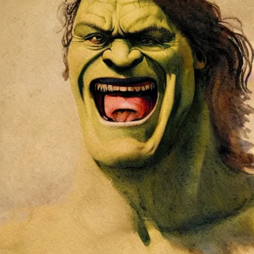 Image similar to Portrait of the hulk manically laughing. It is evening. The mood of the picture is dark and menacing. Watercolor. By Leonardo da Vinci.