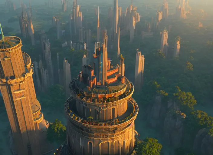 Prompt: overhead view of the great tower of the south, medium shot, studio ghibli, pixar and disney animation, sharp, rendered in unreal engine 5, anime key art by greg rutkowski, bloom, dramatic lighting