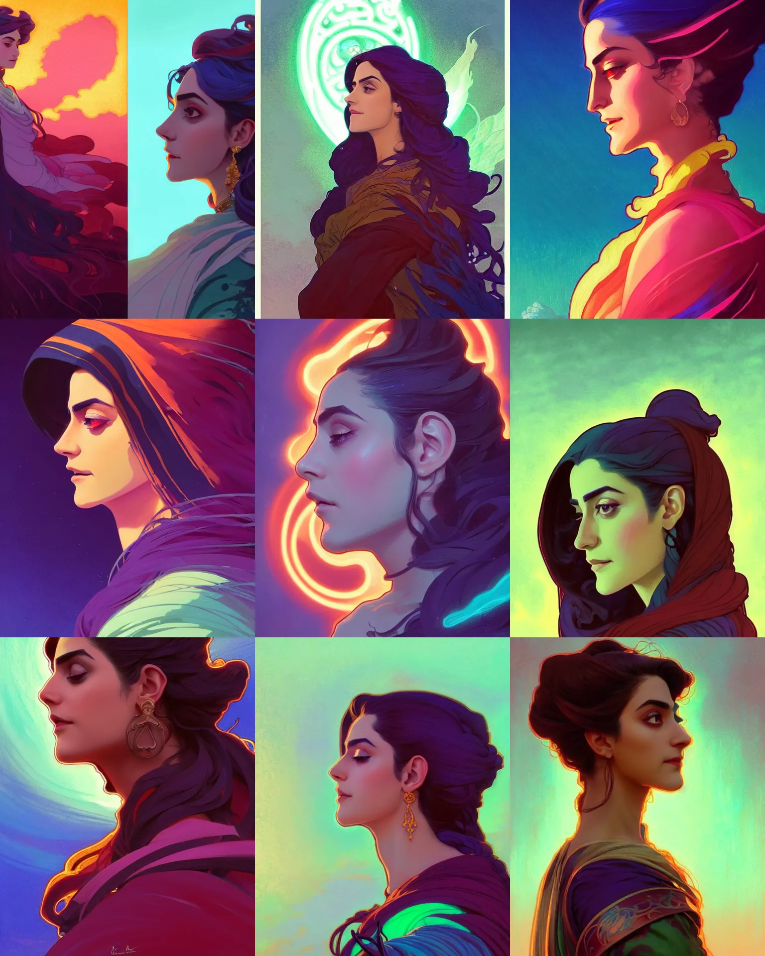 Prompt: side profile centered painted portrait, Maya Ali as a storm sorcerer, D&D, matte painting concept art, beautifully backlit, official fanart, 4k, HDR, Trending on artstation, Behance, Art Nouveau, bright neon colours, by Mucha and Jesper Ejsing and RHADS and Makoto Shinkai and Lois van baarle and ilya kuvshinov and rossdraws and Cushart Krentz and Gilleard James