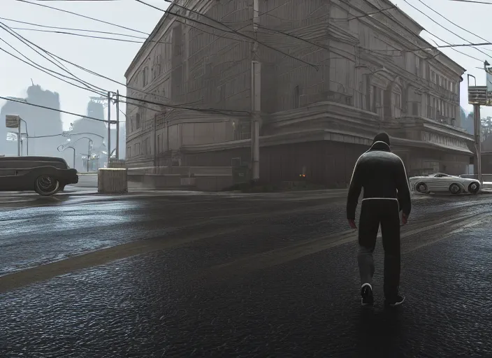 Image similar to cinematic photo gta 5, rain, man in adidas tracksuit, churches, buildings, road, moskvich, rtx, volumetric light, 3 d artist, art by crewdson gregory and artgerm and reflections, moscow, soviet apartment buildings, award winning, artstation, intricate details, realistic, hyperdetailed, 8 k resolution