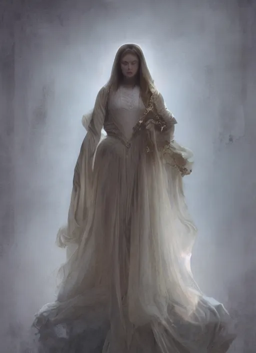 Image similar to hyper realistic photo of baroque luxury queen ethereal floating ghost full body, symmetric, rule of thirds, cinematic, artstation, cgsociety, greg rutkowski, james gurney brom