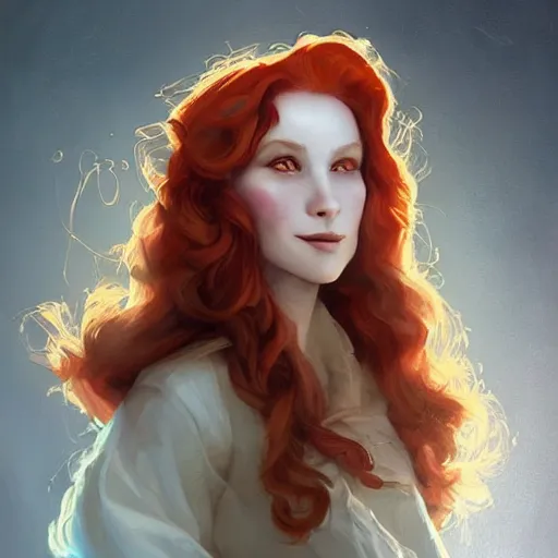 Prompt: beautiful portrait of a young redhead woman bard smilling, trending on artstation, trending on deviantart, by Peter Mohrbacher