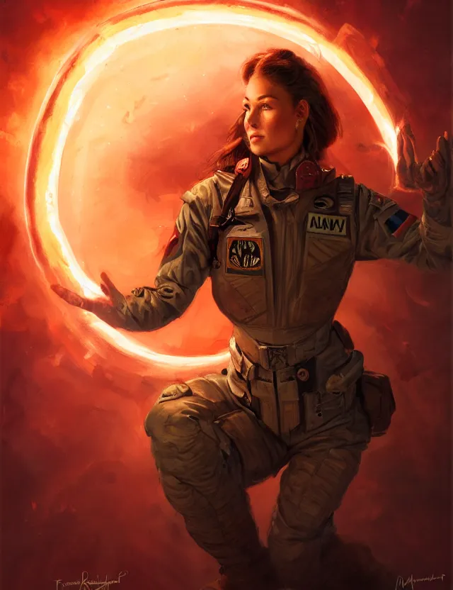 Prompt: a brown - haired woman in a military uniform hovering in the air glowing with red light and crackling energy, by frank fazetta and peter mohrbacher, trending on artstation, digital art, 4 k resolution, detailed, high quality, sharp focus, hq artwork, coherent, insane detail, concept art, character concept, character full body portrait