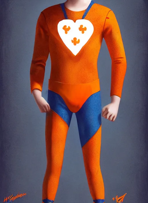 Image similar to friendly teenage archie andrews wearing an orange superhero costume with heart logo, freckles, superhero costume, heart emblem on chest, cape, intricate, elegant, glowing lights, highly detailed, digital painting, artstation, sharp focus, illustration, art by wlop, mars ravelo and greg rutkowski