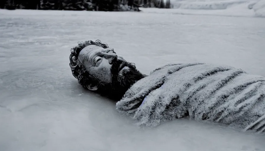 Prompt: 1 9 6 0 s movie still close up of marcus aurelius frozen to death in a river with gravel, pine forests, cinestill 8 0 0 t 3 5 mm b & w, high quality, heavy grain, high detail, texture, dramatic light, anamorphic, hyperrealistic, foggy