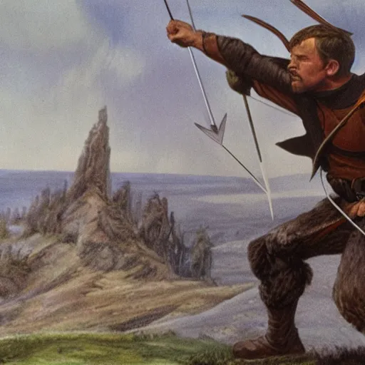 Image similar to Robin hood close-up, drawing an arrow from his quiver, matte painting