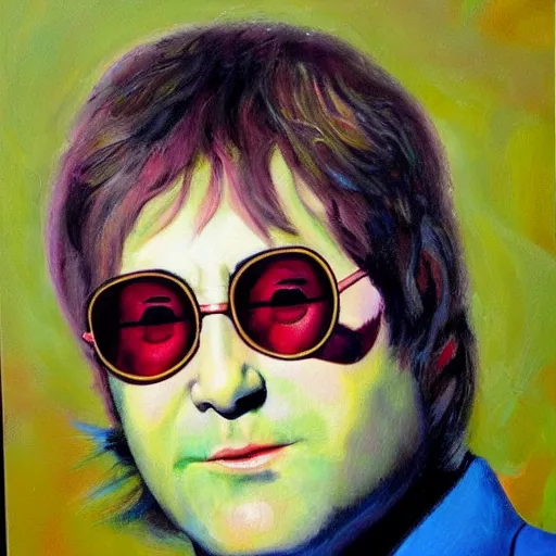 Prompt: elton john lennon wearing an outfit with green apple designs, oil painting, ultradetailed, artstation