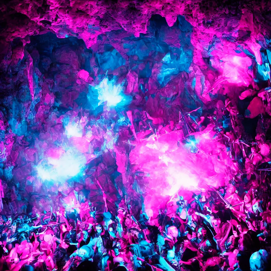 Image similar to cinematic shot of a goth disco in a cave, brutal weapons made of pink lasers and blue crystals forming a sphere, 8k photograph