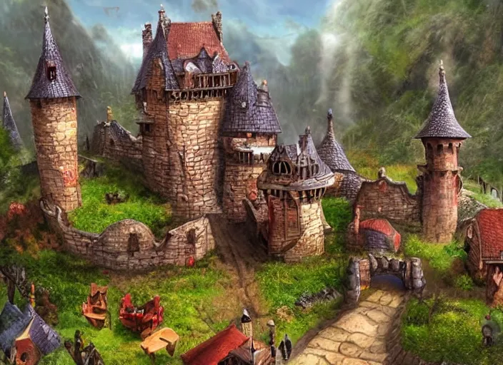 Prompt: fantasy village with a castle in it