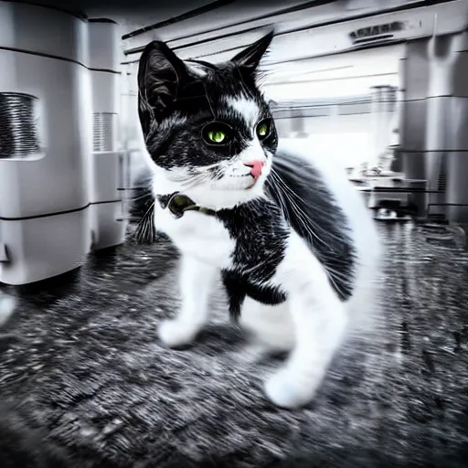 Image similar to robotic cat from the future, scary, cyberpunk style. photograph.