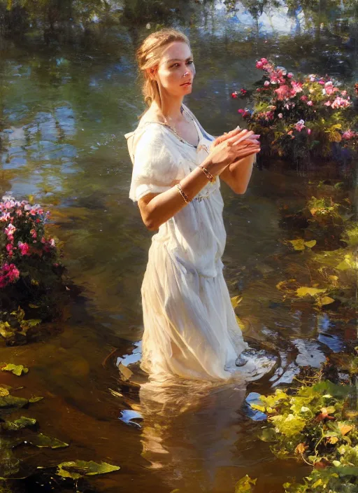 Prompt: first person perspective of a woman looking at her hands full of rings, the woman is reflected in the water of a lake. by daniel f. gerhartz, hyperrealistic oil painting, 4 k, studio lightning, very detailed, rtx on