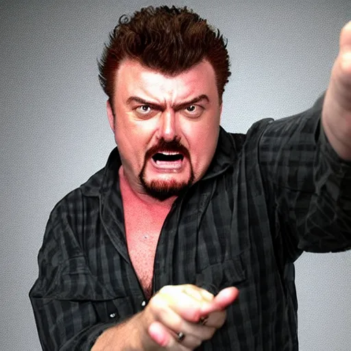 Prompt: robb wells. pointing at the camera, shouting mean words, angry, red faced