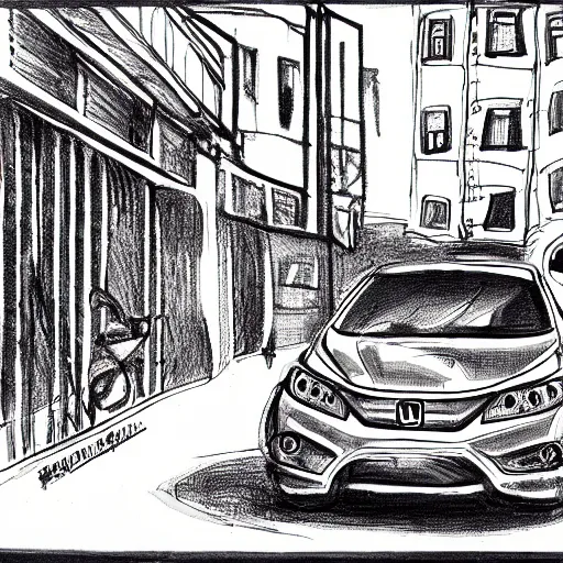 Prompt: compact honda car parked in a european city, ink manga drawing