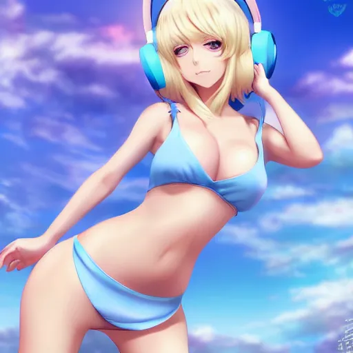 Image similar to full body shot : a very beautiful young blond anime girl with bunny headphones, sky blue eyes,, bikini, miniskirt, highly detailed, cinematic wallpaper by stanley artgerm lau