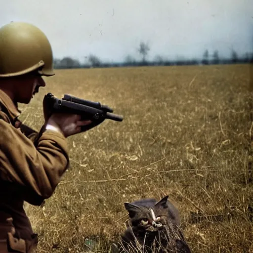 Prompt: cat with soviet army clothes and a gun mid war, war field, destruction, cinematic, epic, dramatic