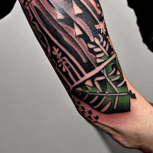 Image similar to neotraditional Tattoo of a knife with fern leaves wrapping around it