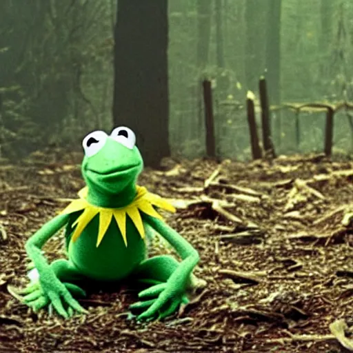 Prompt: a still of kermit the frog in the blair witch project