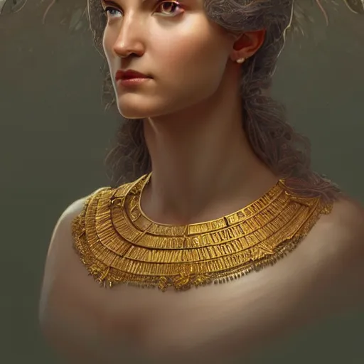 Image similar to portrait of Ava from Ex Machina as a greek goddess, marble statue, greek mythology, gold crown and filaments, intricate, headshot, highly detailed, digital painting, artstation, concept art, sharp focus, cinematic lighting, illustration, art by artgerm and greg rutkowski, alphonse mucha, cgsociety