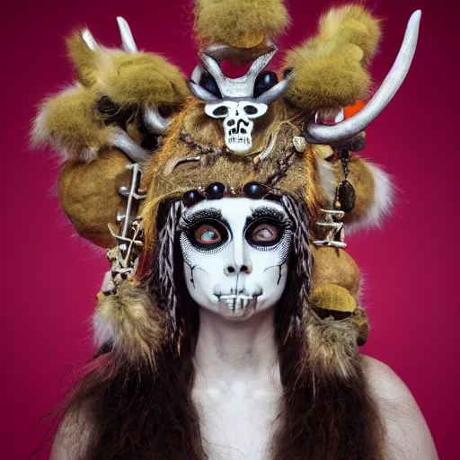 Prompt: a photographic portrait of a anthropomorphic norse mythology mimosa, wearing furry clothes and artifact head gear made of deer horn and skull bones embaded with jewels in the style of heilung an experimental folk music band, elegant, highly detailed, hyper realism, 4k, DSLR, artstation, smooth, sharp focus, octane render, 3d, good clear quality, lighting, biology, symmetrical artwork, perfect face, high detail, octane render