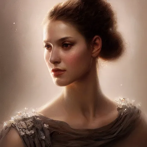 Image similar to a beautiful portrait painting of a glamorous actress, masterpiece by famous artist nasreddine dinet and eugene de blaas and greg rutkowski and artgerm and wlop, path tracing, intricate, elegant, highly detailed, digital painting, artstation, concept art, smooth, sharp focus