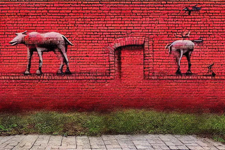 Image similar to abstract wall painting of nature landscape, red brick style, rule of thirds, shining, by adonna khare, by amir zand, by banksy, digital painting