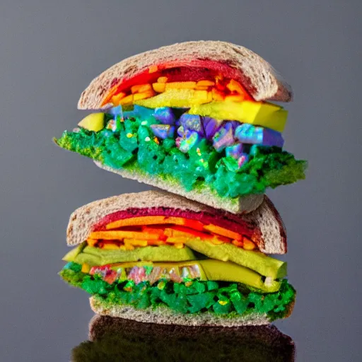 Image similar to an extremely high quality photo of a surreal rainbow-opal-topaz-sandwich, the polymer clay ((sandwich)) creation, a hybrid mixture of sandwichopalrainbow and opalrainbowtopaz, promotional photo, 4k polymer clay food photography