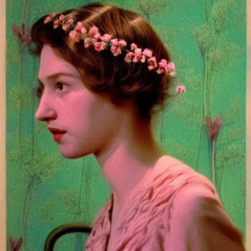 Image similar to a lot of different flowers morphing in a beautiful girls face, film still by wes anderson, depicted by balthus, limited color palette, very intricate, art nouveau, highly detailed, lights by hopper, soft pastel colors, minimalist