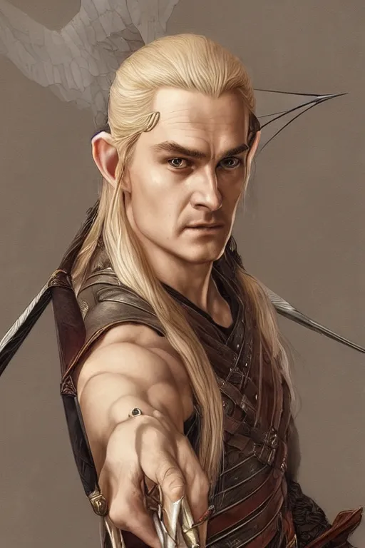 Prompt: legolas, lord of the rings elf, intricate, elegant, highly detailed, digital painting, artstation, concept art, smooth, sharp focus, illustration, art by artgerm and greg rutkowski and alphonse mucha