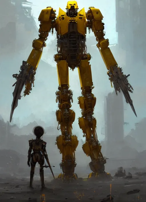 Image similar to human-sized strong intricate yellow pit droid carrying great sword, pancake short large head, exposed metal bones, painterly humanoid mecha, by Greg Rutkowski