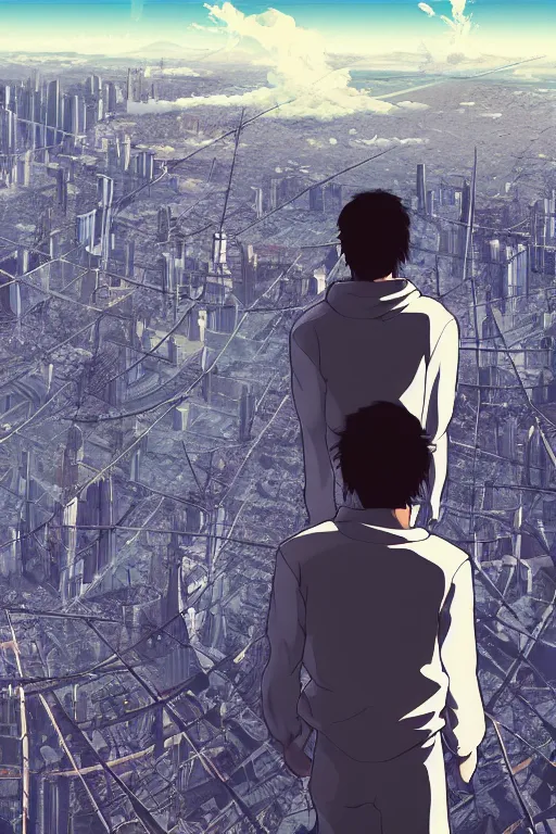 Image similar to man in white tracksuit overlooking a cyberpunk city, style of Mirror\'s Edge, dreamy, beautiful clouds, beautiful artwork by Makato Shinkai + Satoshi Kon, anime