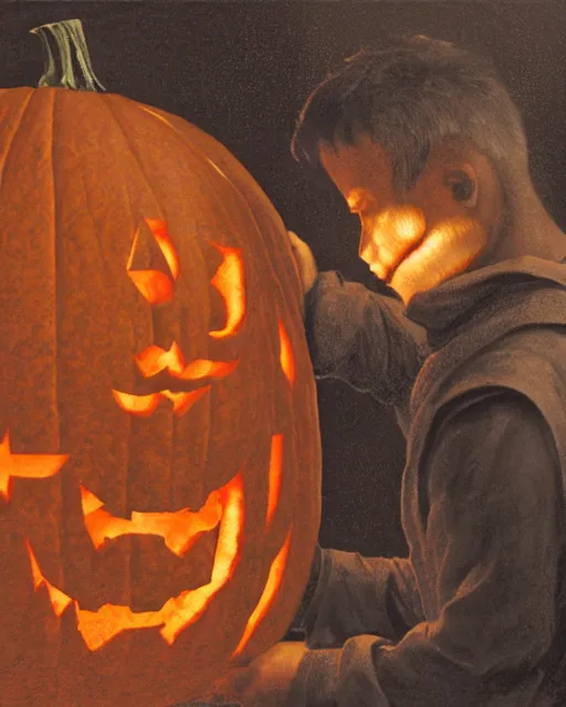 Image similar to martin luther in the act of using a nail and mallet to carve a jack - o - lantern, in the styles of ferdinand pauwels, greg rutkowski, and judy boyle intricate, hyperrealistic, accurate facial details, volumetric lighting