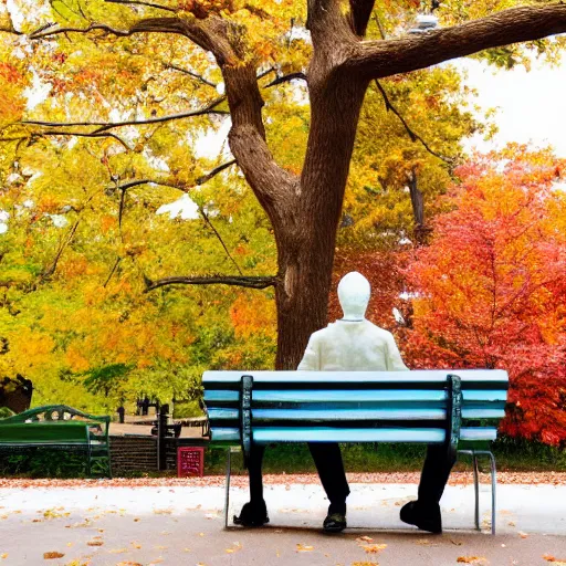 Prompt: a gentleman made of ice cream sitting on a park bench in new york on an autumn day
