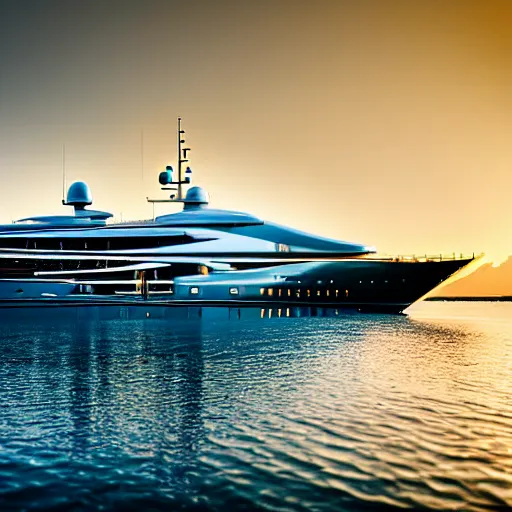 Image similar to old man polishing a gold plated mega yacht, docked at harbor, clear and focused, elegant, photograph