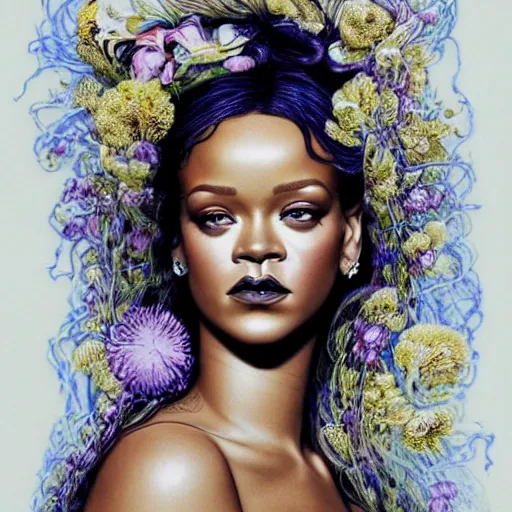 Image similar to portrait of Rihanna as a young pretty woman in flowing dress, arrogant, mysterious, long fine flowing hair, delicate, looking at camera, realistic face, intricate, stylish, elegant, grimdark, flowers, extremely detailed photograph by Martine Johanna and Ernst Haeckel and Greg Rutkowski