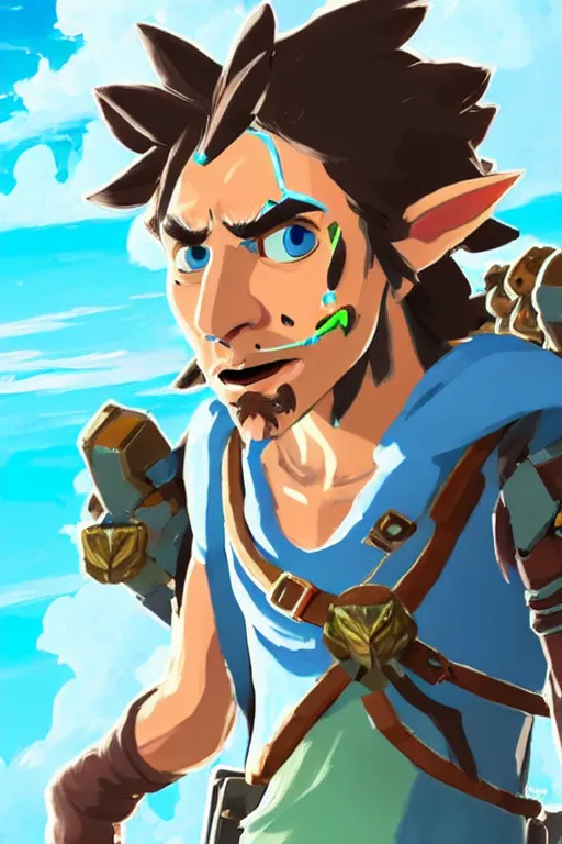 Image similar to an in game portrait of rick sanchez from the legend of zelda breath of the wild, breath of the wild art style.