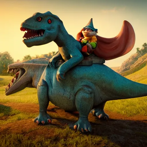 Image similar to ancient gnome riding the dinosaur, photorealistic cinematic scene, very coherent, hyper realism, high detail, vivid colors, octane render, unreal engine, 8k, Smooth gradients, High contrast, depth of field