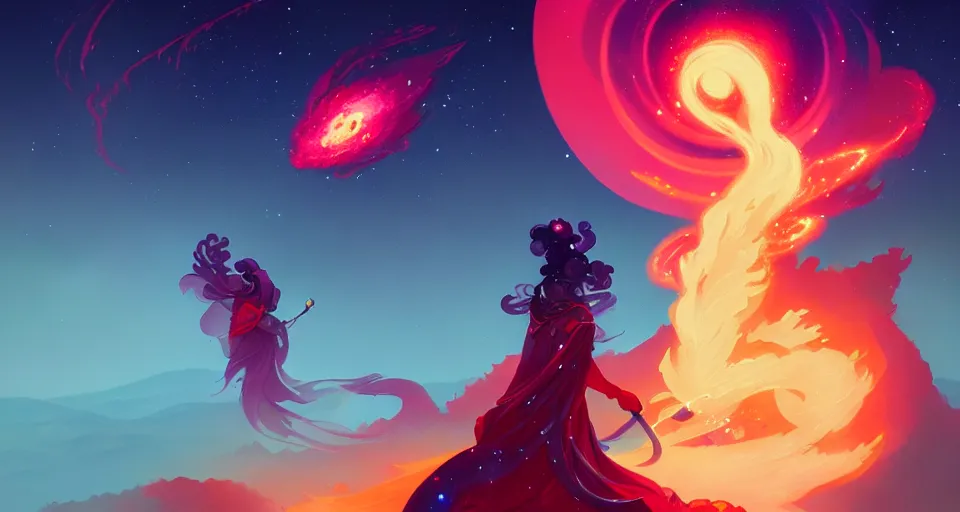 Image similar to a fiery fireball blazing with light, surrounded with spiriling sparkling rose crystals and galaxies, by peter mohrbacher, hyper light drifter, ukiyo - e trending on artstation