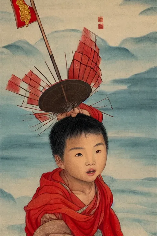 Image similar to a masterpiece portrait of legendry nezha flies riding on the wind fire wheels across the sea, water everywhere, chinese mythology, chinese male child, cute face, side view, red cloth around his shoulders, hold spear, cinematic, fantasy character portrait, highly detailed, by ne zha ( 2 0 1 9 ), fenghua zhong, bob byerley