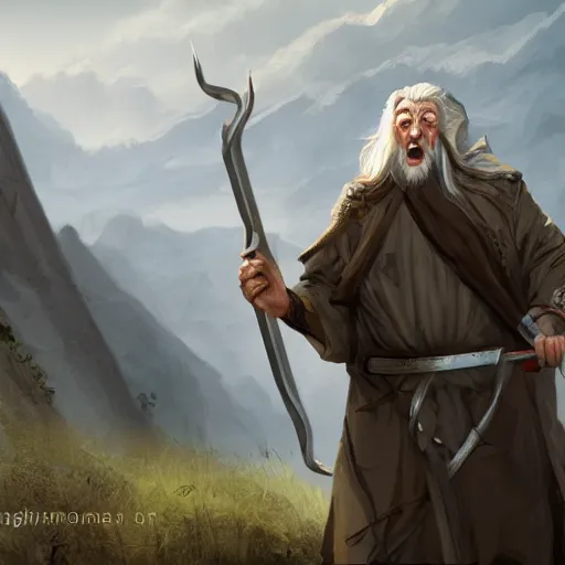 Prompt: gandalf screaming and shooting with a machine gun, fantasy concept art, very detailed, trending on artstation, 4k