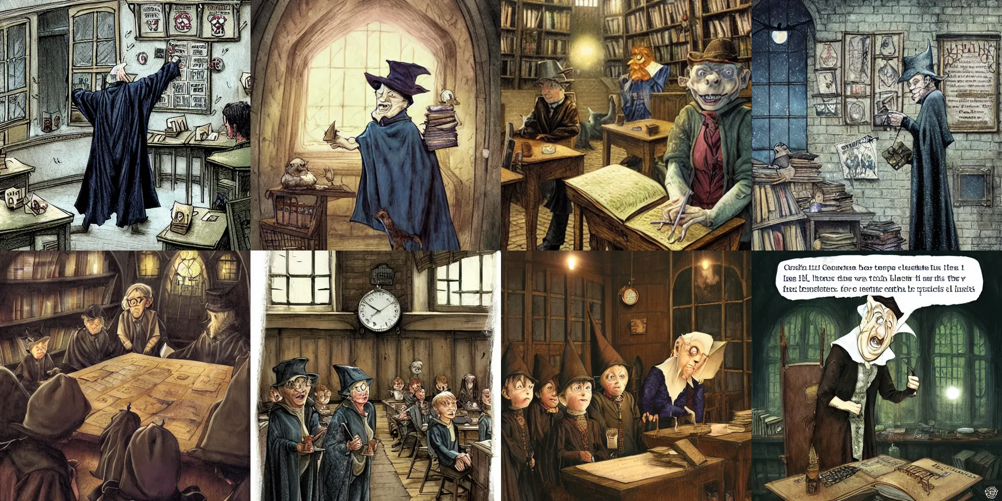 Prompt: Granny Weatherwax is grumpily teaching a class in Hogwarts, illustration by Jim Kay, Paul Kidby and Greg Rutkowski