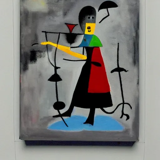 Prompt: an acryllic painting dubrovnik, on a pale background, muted palette mostly white, black, gray, dark red, dark blue, strange characters and interesting shapes, woman with parasol, figure on penny farthing, minimalistic, mixed media, in the styles of both joan miro and mark rothko