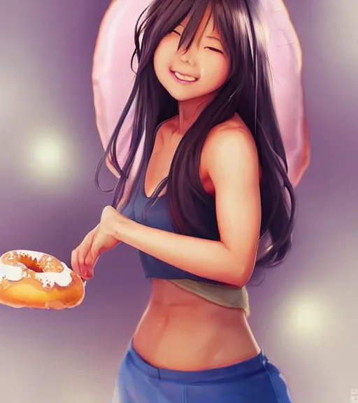 Image similar to ! dream aoi asahina, a tan skinned athletic japanese girl, eats a donut happily, art by stanley lau, artgerm, rossdraws, ross tran, sakimichan, cyarine, beautiful art